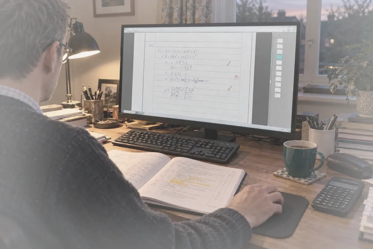 An examiner marking a scanned maths script on screen, with the mark scheme open on the desk