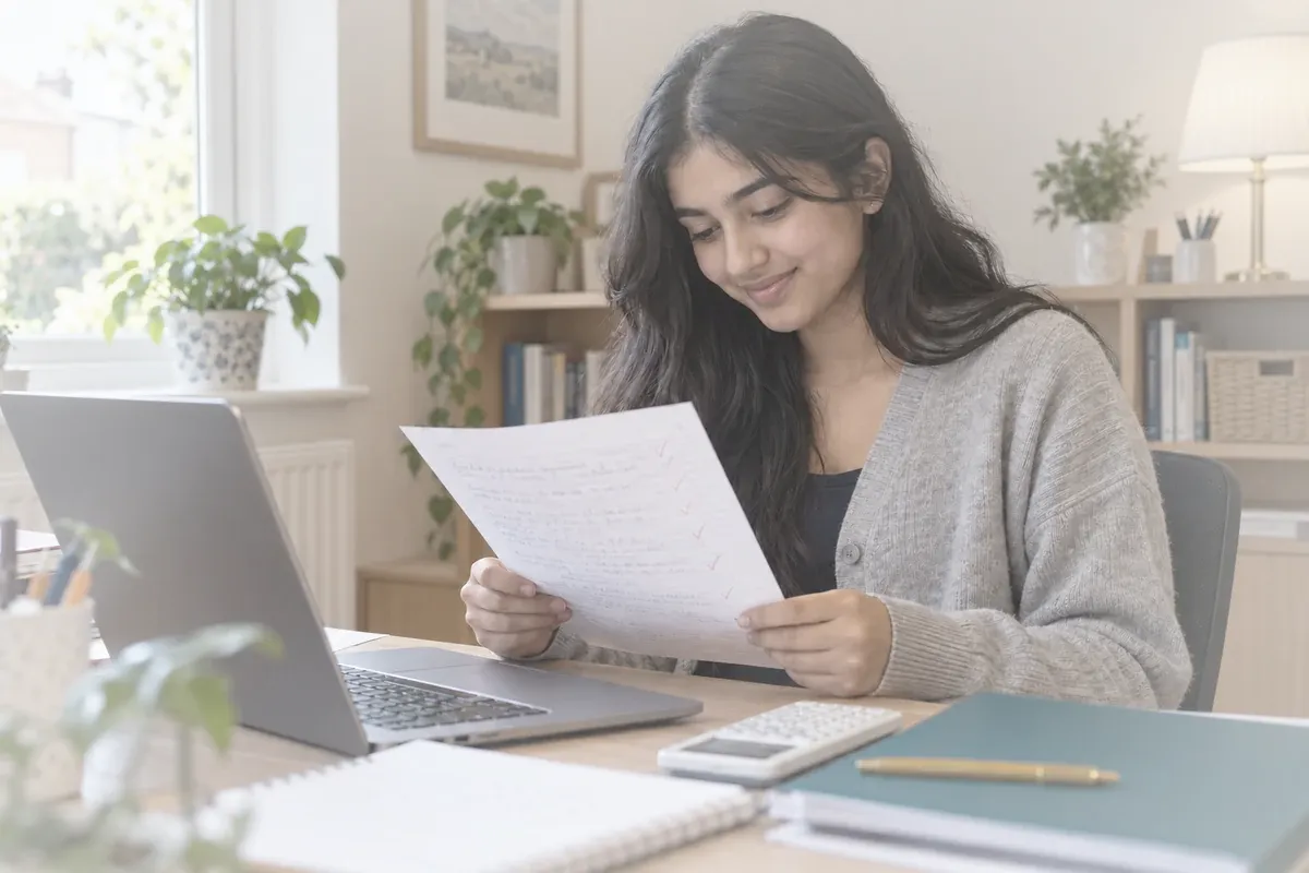 A student reading back a marked practice paper with ticks down the margin