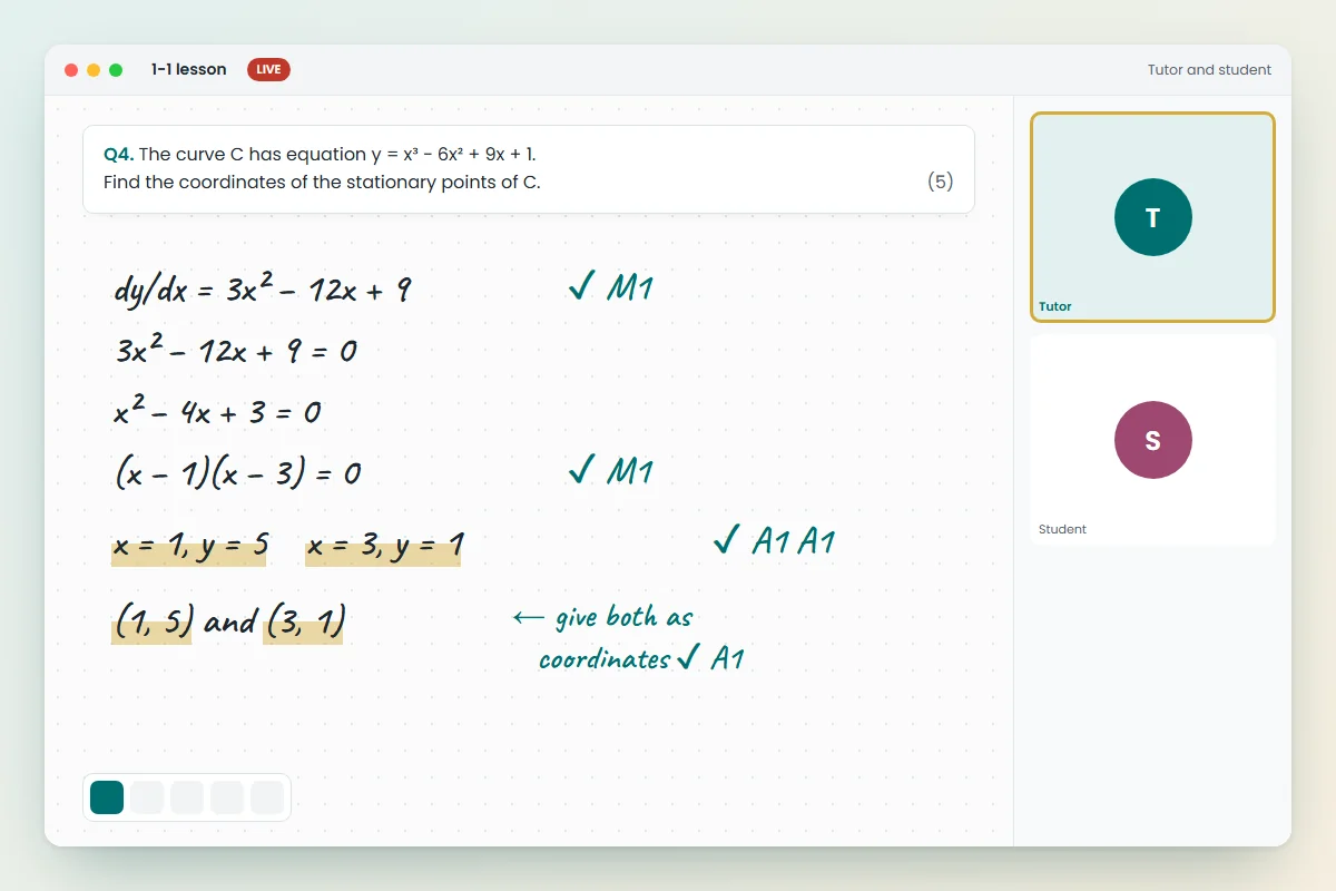 A one-to-one lesson on the online whiteboard: a stationary points question worked by hand, with the tutor's ticks and method marks beside each line