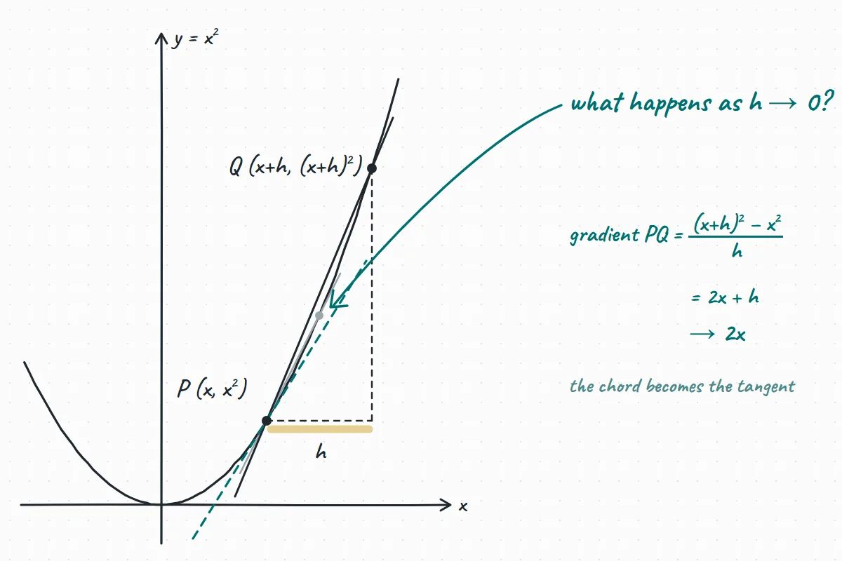 A curve on the whiteboard with a chord closing in on the tangent, and the tutor asking what happens to the gradient as h tends to 0